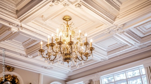 Opulent interior with coffered ceiling, chandelier, and classic molding details