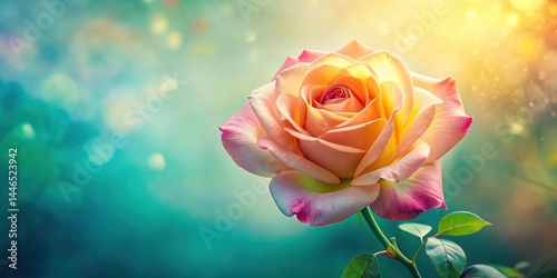 A delicately hued rose, bathed in warm sunlight, exhibits vibrant petals and lush green foliage against a softly blurred background