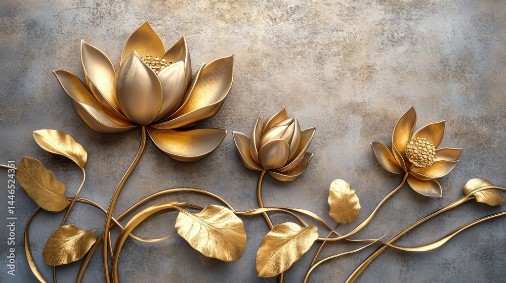 Golden lotus with Stucco Stems and Leaves An elegant 3D floral background. Elegant 3D Floral Background Featuring Golden lotus with Stucco Stems and Leaves.