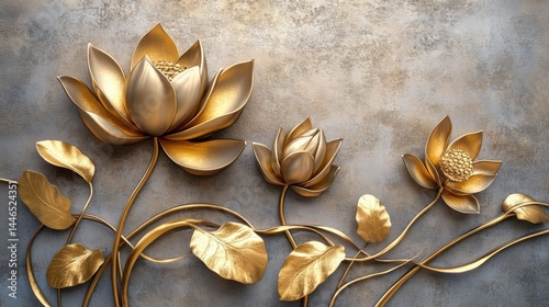 Obraz na płótnie Golden lotus with Stucco Stems and Leaves An elegant 3D floral background. Elegant 3D Floral Background Featuring Golden lotus with Stucco Stems and Leaves. w salonie