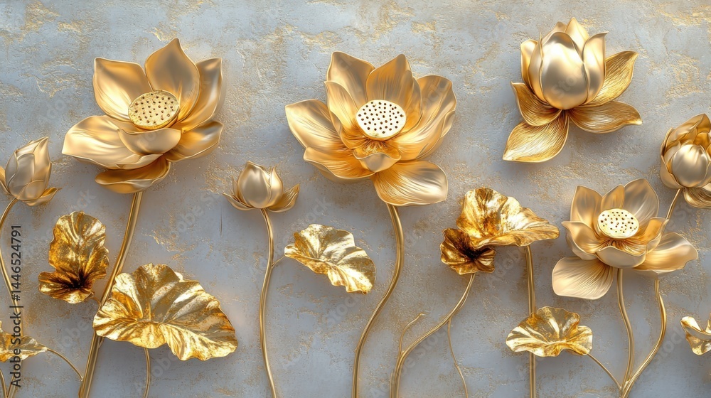 Golden lotus with Stucco Stems and Leaves An elegant 3D floral background. Elegant 3D Floral Background Featuring Golden lotus with Stucco Stems and Leaves.
