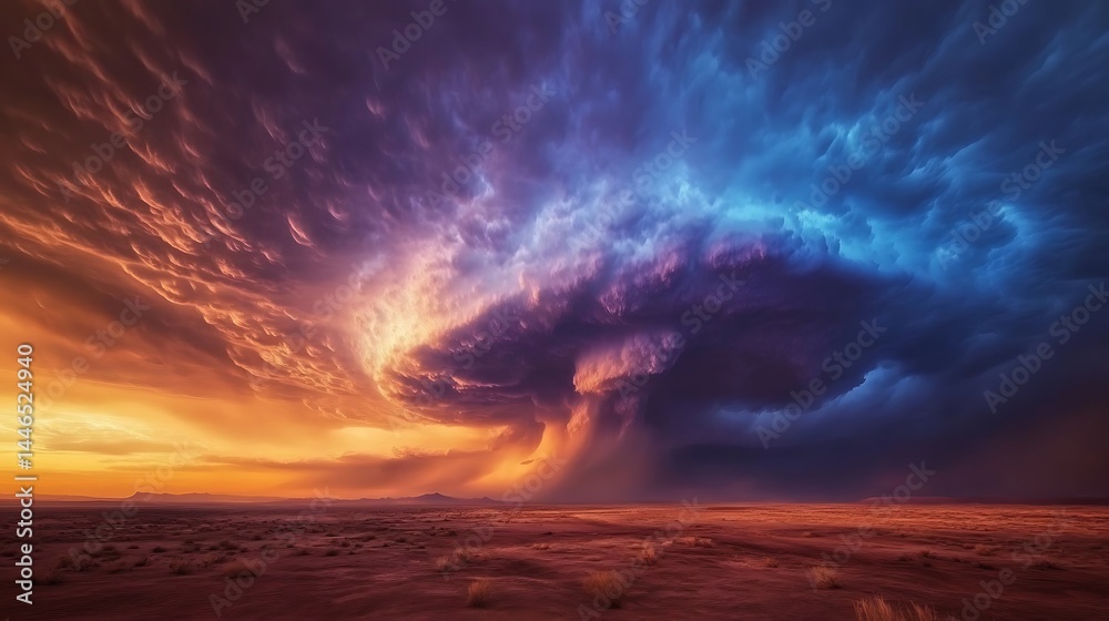 Obraz premium Dramatic Desert Landscape with Stormy Clouds, Blue, Orange and Violet Skies