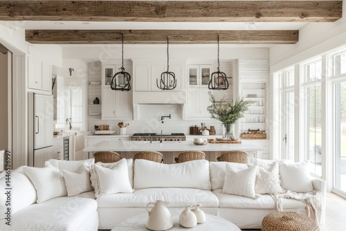 interior of modern white kitchen with wooden elements