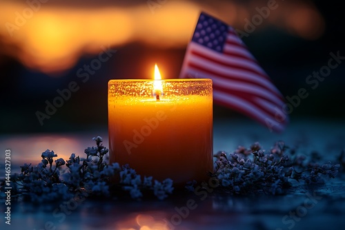 Memorial day remembrance candle with american flag at sunset photo
