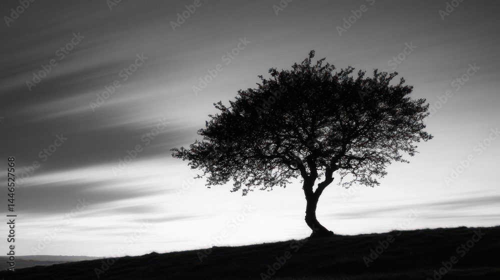 Obraz premium Solitary Silhouette: A Monochromatic Landscape of a Single Tree Against a Dramatic Sky