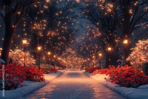 Snowy path, winter night, glowing lights, festive scene, holiday card
