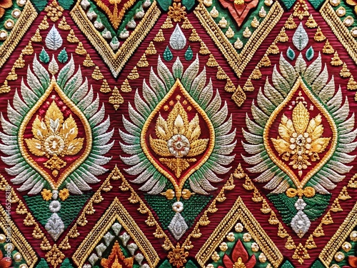Rattanakosin Era Thai Kanok Pattern: Low-Light White Thread Embroidery Detail
