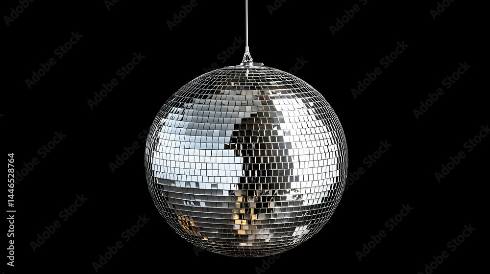 Obraz premium Shimmering Silver Disco Ball Hanging Against Black Background
