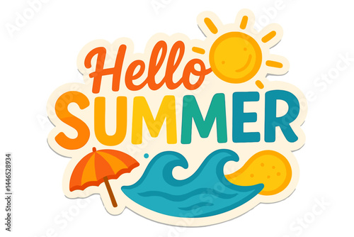 Hello Summer Typography with Sun and Ocean Waves  