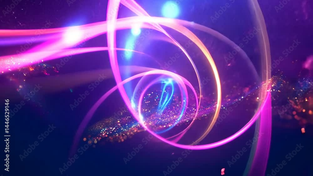 Dynamic animation of glowing light trails and shimmering particles forming abstract shapes Dynamic animation of glowing light trails and shimmering particles forming abstract shapes