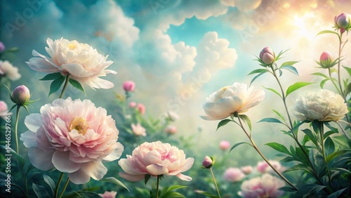 Serene Garden Bloom Pastel Peonies Basking in Sunlight, a Dreamlike Field of Delicate Petals and Verdant Foliage under a Cloudy Sky