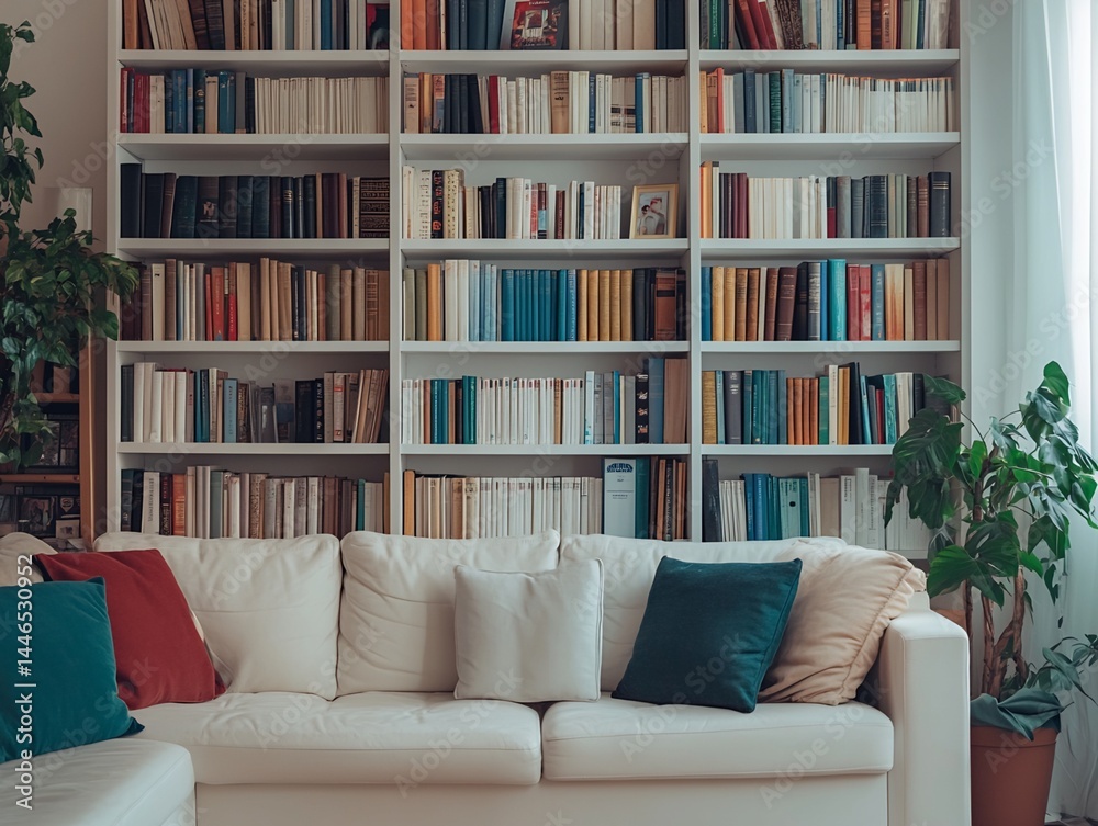 White Bookcase, Sectional Sofa, and Houseplants in a Living Room
