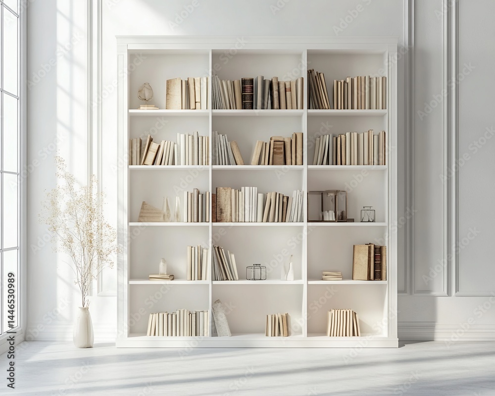 White Bookcase with Books and Decorative Items in a Bright Room