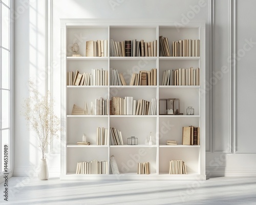 Obraz na płótnie White Bookcase with Books and Decorative Items in a Bright Room w salonie