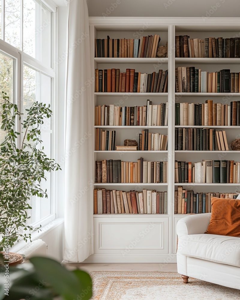 White Bookcase with Books, Couch, and Plant in Room