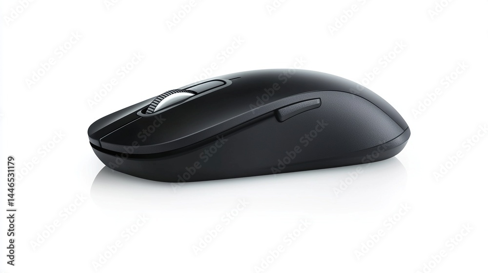 Sleek black wireless computer mouse, ergonomic design. Sleek black wireless computer mouse, ergonomic design.