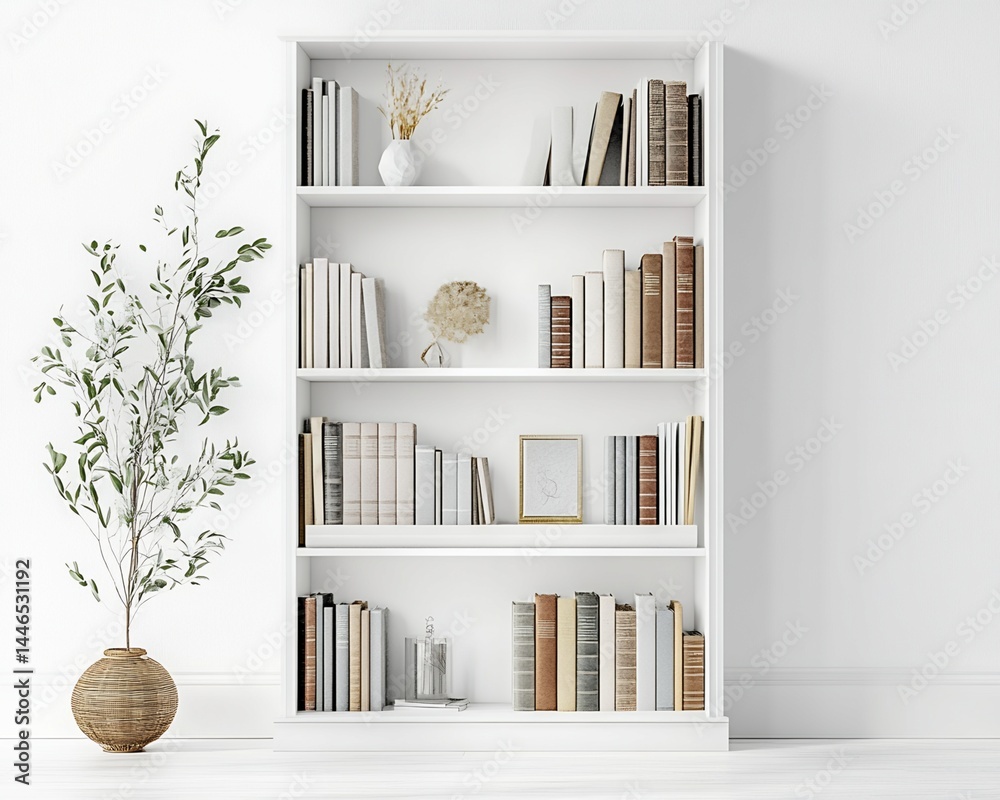 White Bookcase with Books, Decor, and Plant