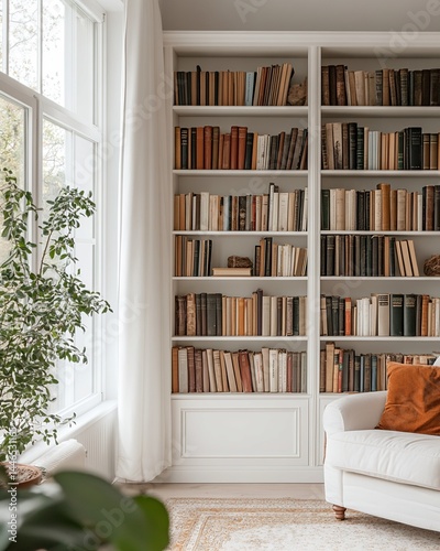 Obraz na płótnie White Bookcase with Books, Couch, and Plant in Room w salonie
