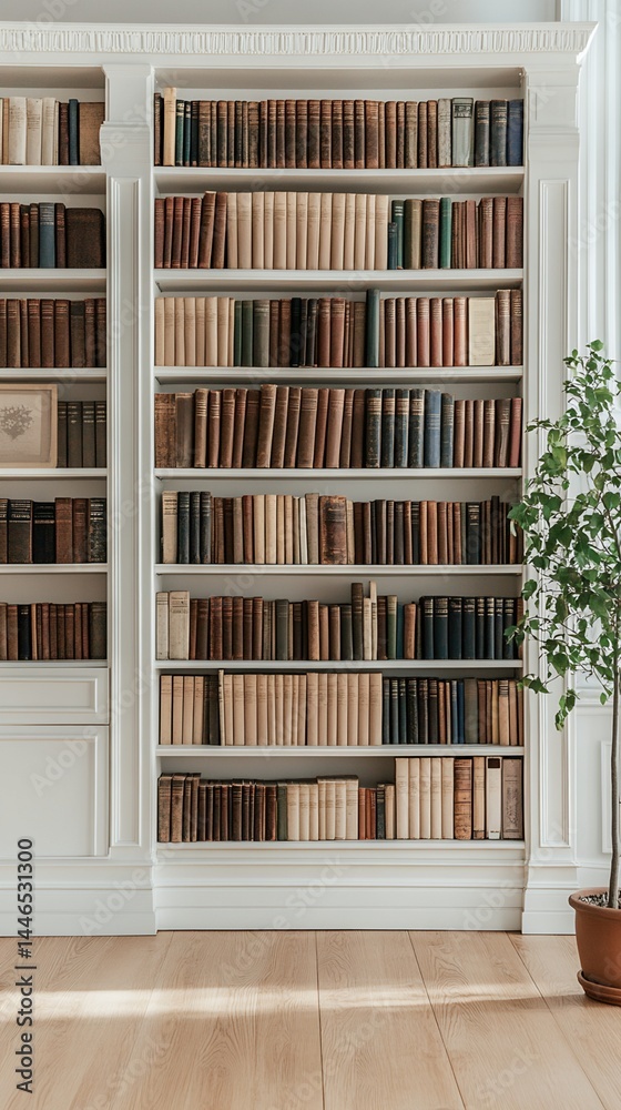 White Built-in Bookcase with Books and Plant