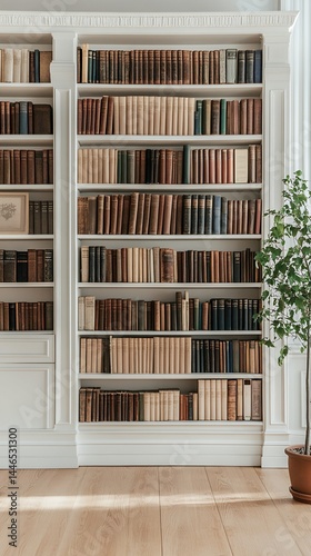 Obraz na płótnie White Built-in Bookcase with Books and Plant w salonie