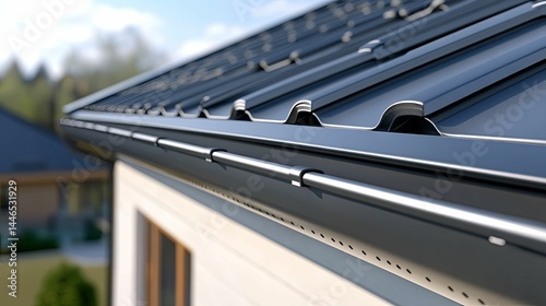 Close-up view of modern house's dark metal roof and gutters.
