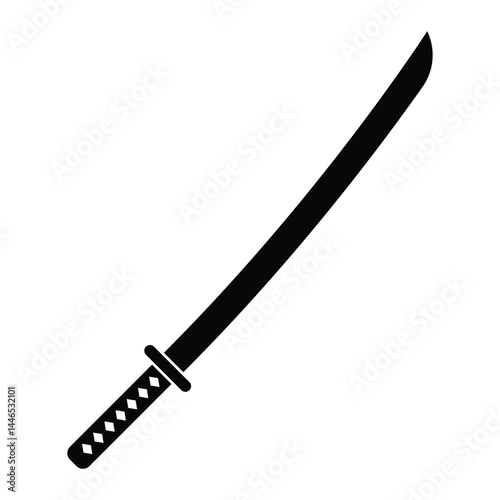 Katana sword vector icon. Traditional Japanese samurai weapon. Ninja sword blade. Black silhouette isolated on white background.