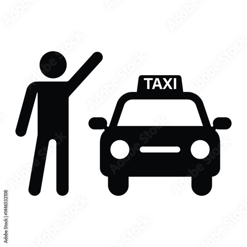 Person hailing taxi vector icon. Standing figure waving for cab. Urban transportation or taxi service symbol. Black silhouette isolated on white background.
