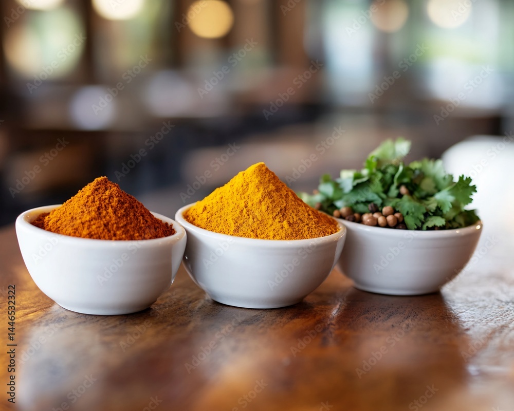 Yellow and Red-Orange Spice Powders and Cilantro in White Bowls