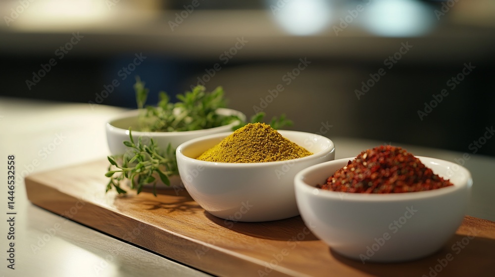 Yellow Curry Powder, Red Pepper Flakes, and Thyme on Wooden Board