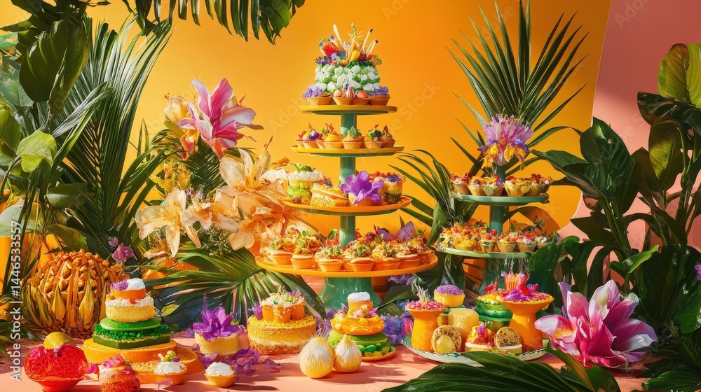 Fototapeta premium Colorful dessert display featuring tiered cakes and tropical fruits amidst vibrant foliage