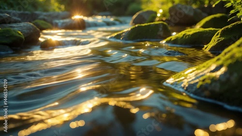 Golden glimmers shimmer on the surface of the flowing water as it cascades over rocks. The undulating designs inspire a sense of tranquility and motion.