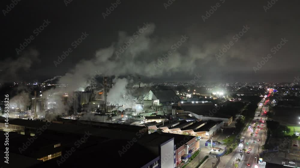 Visão aérea noturna de uma fábrica de papel e celulose com iluminação industrial intensa, chaminés ativas e detalhes da infraestrutura operando sob o céu escuro