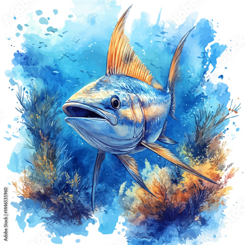 Swordfish Swimming Through The Ocean, watercolor vector, isolated on a white background.