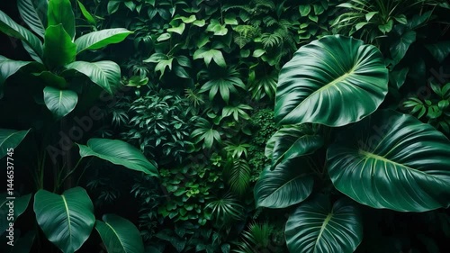 Vibrant greenery backdrop. Arrangement of tropical leaves on a plant wall. Lush dark green plants flourishing.