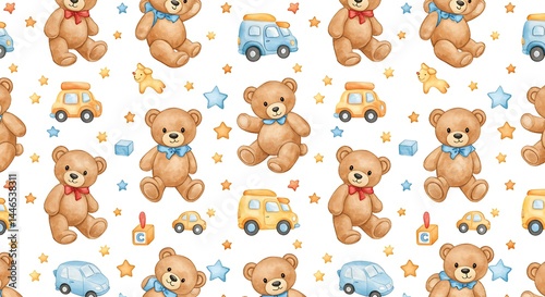 Watercolor Teddy Bear Pattern on White.