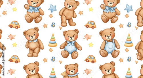 Watercolor Teddy Bear Pattern on White.