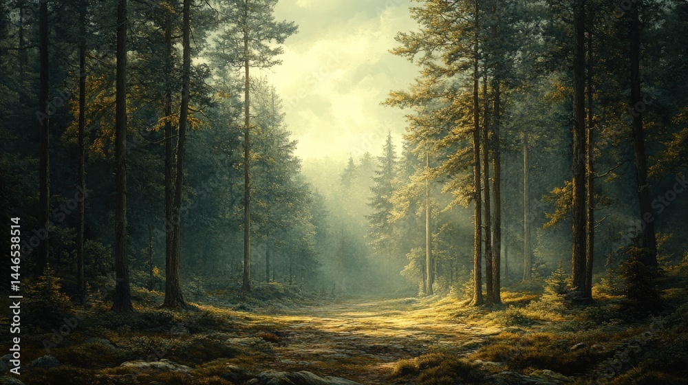 Fototapeta premium Enchanted morning light filtering through a mystical coniferous woodland scene