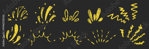 Burst ray big set. Chalk textured kids freehand starburst explosion. Crayon hand drawn scribble shine spark. Pencil decorative emphasis exclamation collection. Sketch vector illustration isolated