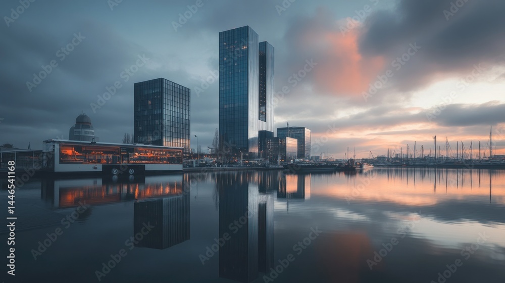 Serene Cityscape at Dusk: Modern Architecture Reflected in Calm Waters Serene Cityscape at Dusk: Modern Architecture Reflected in Calm Waters