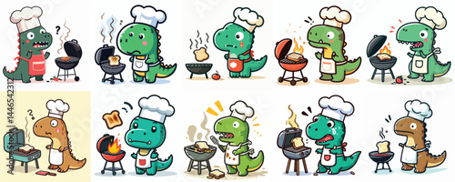Cute Cartoon Dinosaur Chefs Grilling BBQ Vector Set

