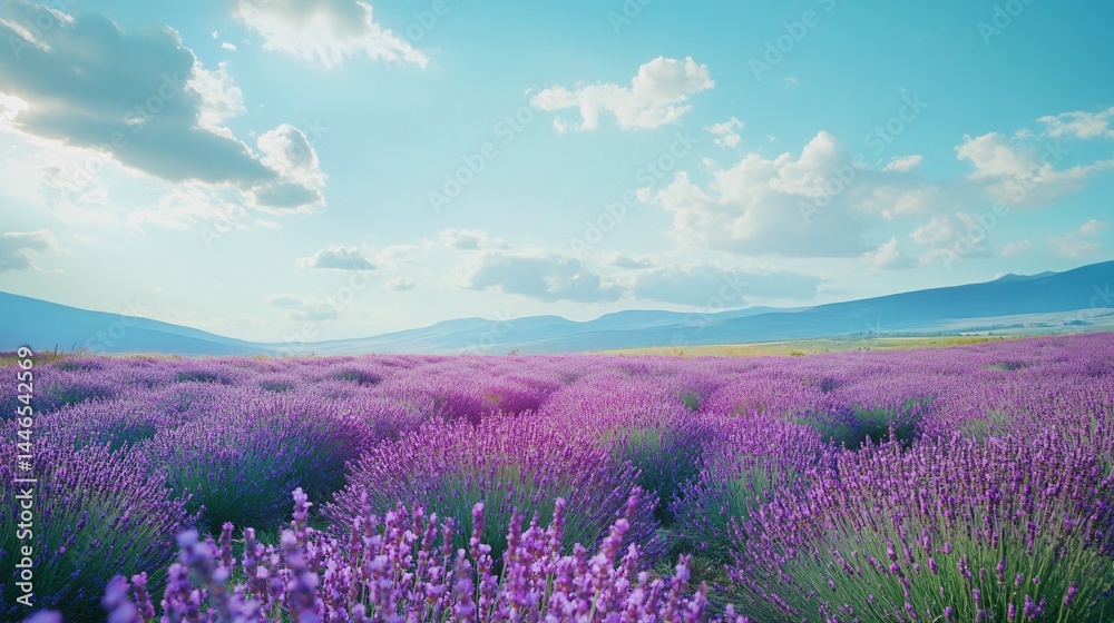 Naklejka premium Panoramic view of a vibrant lavender field under a clear sky.
