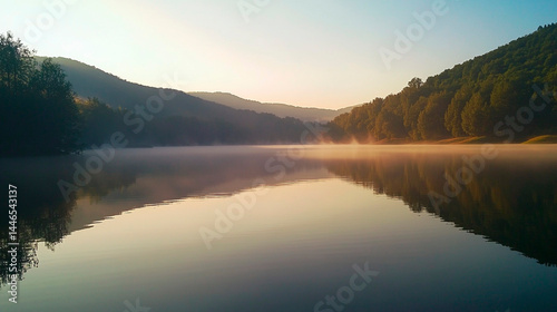 A serene lake at dawn with mountains and trees reflecting in the calm water surface creating a peaceful scene