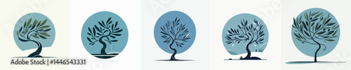 Stylized Olive Tree Icons in Oval Frames Vector Set