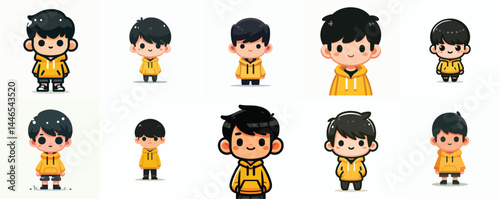 Cute Cartoon Boy Character in Yellow Hoodie Vector Set