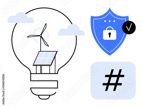 Light bulb with solar panel and wind turbine symbolizes clean energy. Shield with lock and checkmark represents cybersecurity. Hashmark depicts digital data. Ideal for sustainability, energy tech