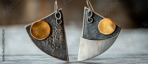 Artisan Crafted Geometric Earrings: Silver, Gold, and Black Metal Fusion photo