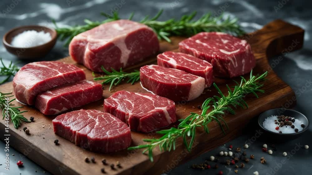 Raw beef fillet steaks positioned on a cutting board, fresh and uncooked. Close-up. Raw beef fillet steaks positioned on a cutting board, fresh and uncooked. Close-up.