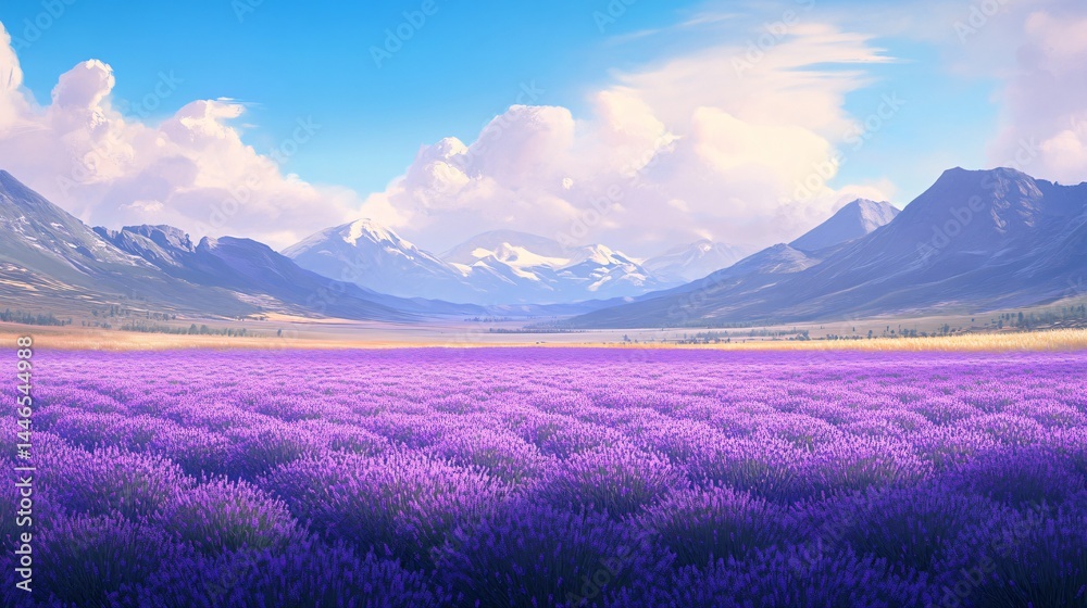 Obraz premium Vast lavender field stretches beneath snowy mountain peaks.
