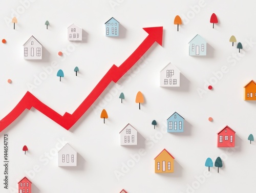 Rising Real Estate Market Colorful houses and upward arrow