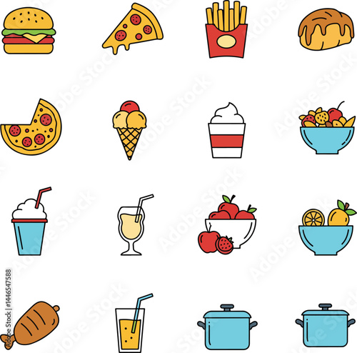 Colorful Fast Food and Meal Icons Set